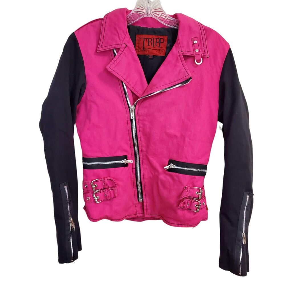 Tripp NYC  pink and black colorblock Moto biker punk Jacket S